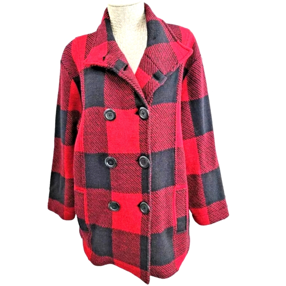 Keren Hart Buffalo Plaid 100% Wool Pea Coat‎ Jacket Warm Classic Outerwear EUC